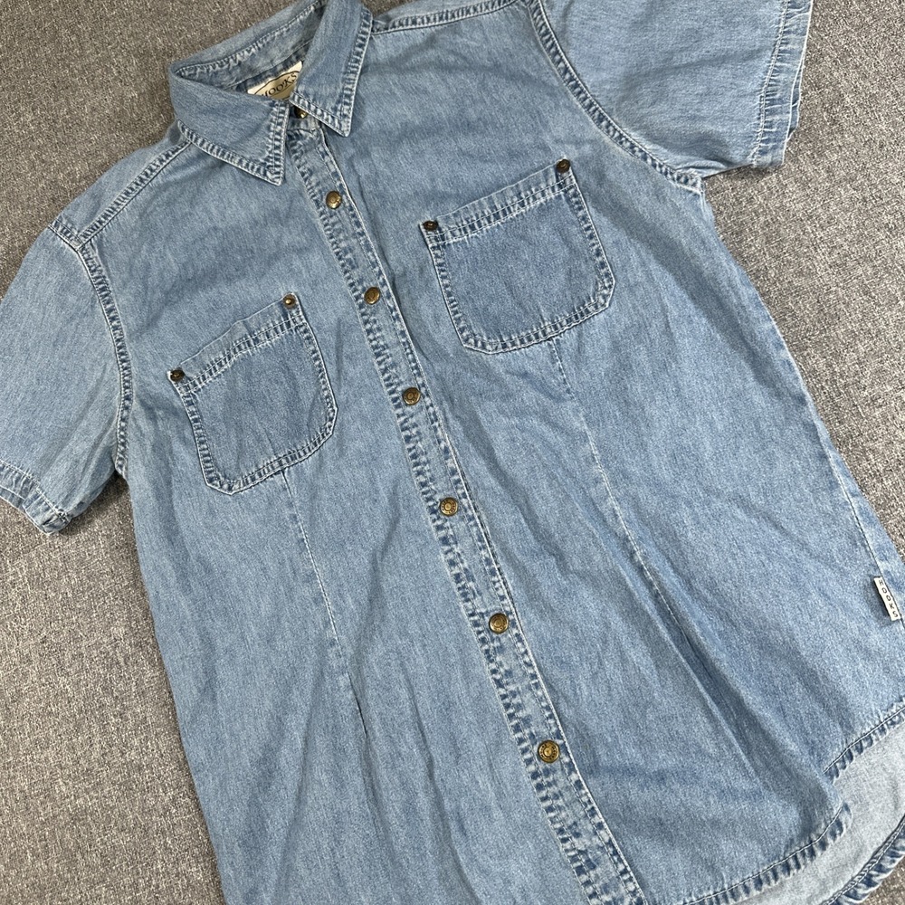 Mens Denim Button Up Shirt Hooks Short Sleeve Western Workwear Blue M